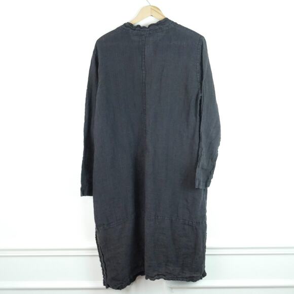 FLAX Small Dress Tunic Button Down Long Sleeve Black Linen Lagenlook Lagom - Picture 10 of 10